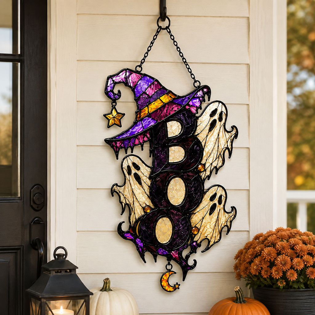 BOO Ghost Trio with Witch Hat Holographic Acrylic Suncatcher