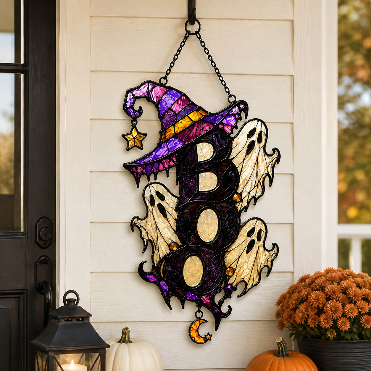 BOO Ghost Trio with Witch Hat Holographic Acrylic Suncatcher