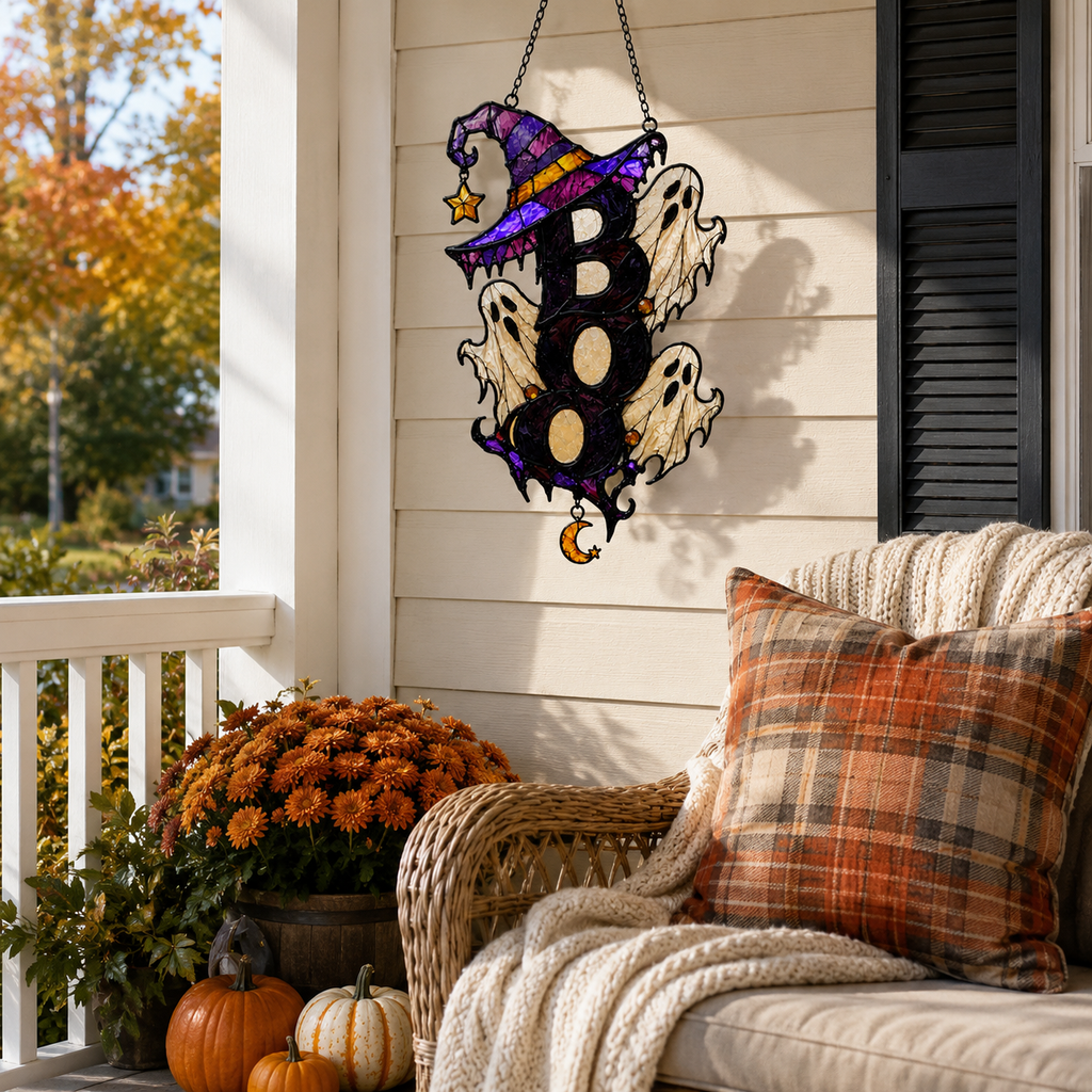 BOO Ghost Trio with Witch Hat Holographic Acrylic Suncatcher