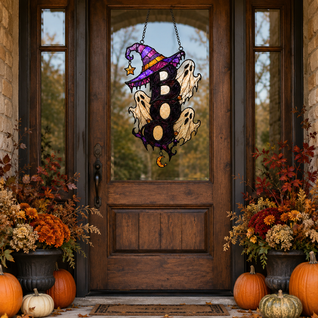 BOO Ghost Trio with Witch Hat Holographic Acrylic Suncatcher