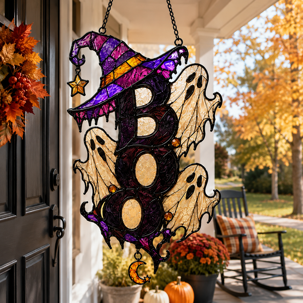 BOO Ghost Trio with Witch Hat Holographic Acrylic Suncatcher