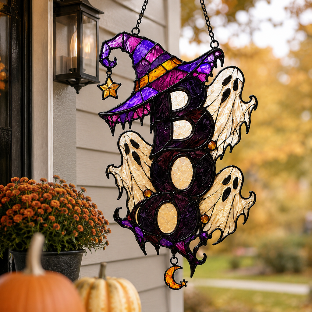 BOO Ghost Trio with Witch Hat Holographic Acrylic Suncatcher