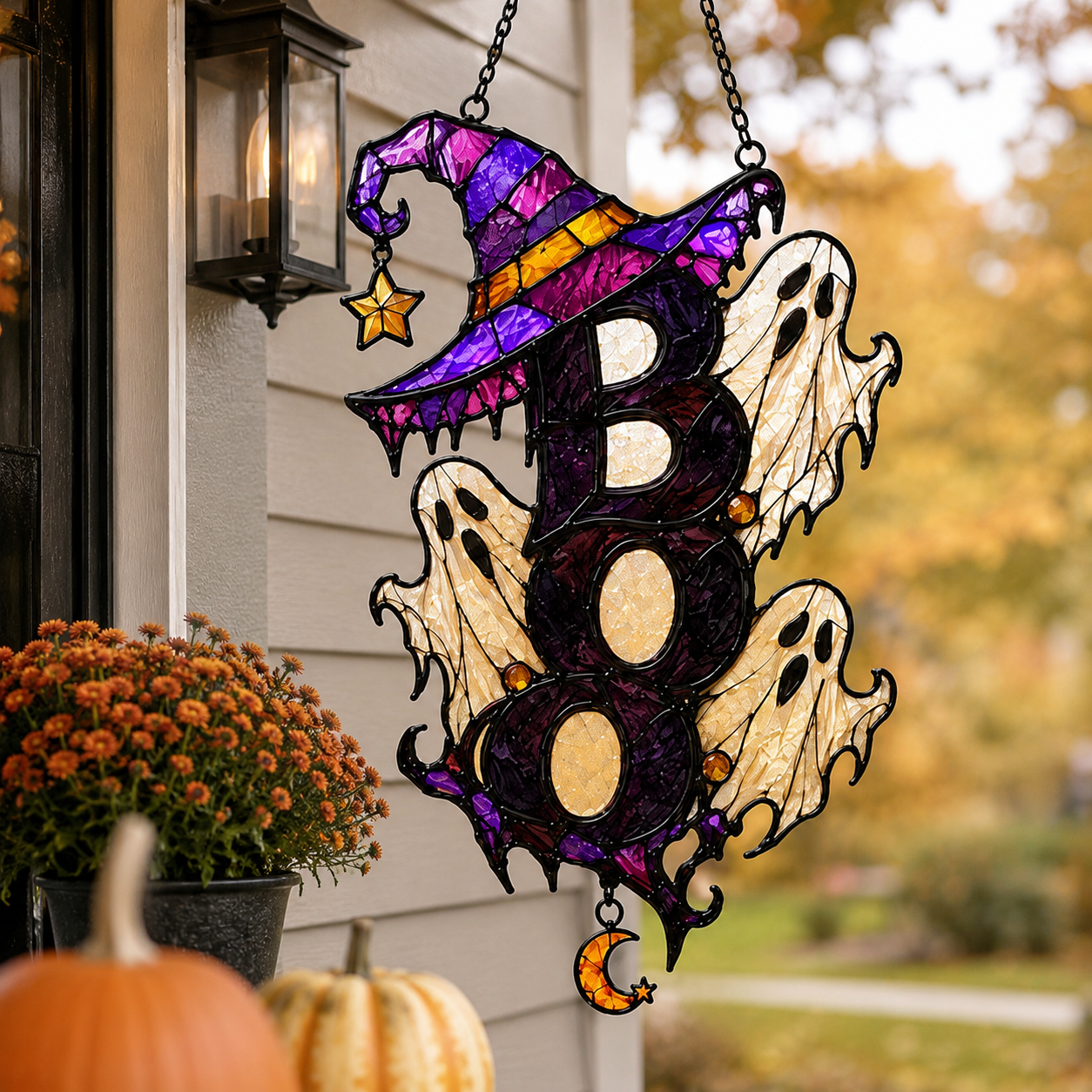 BOO Ghost Trio with Witch Hat Holographic Acrylic Suncatcher