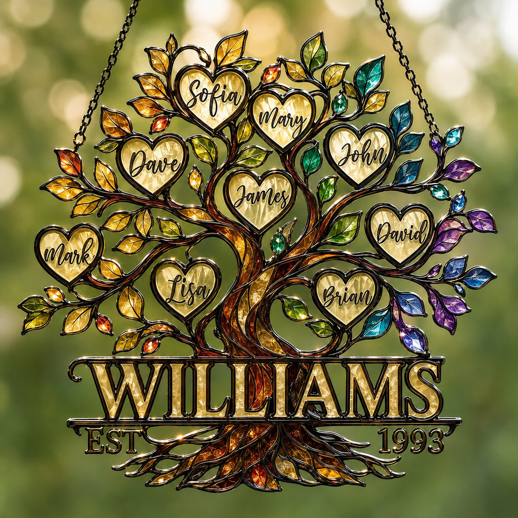 Personalized Family Tree of Life Hearts Holographic Acrylic Suncatcher