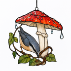 Nuthatch & Red Mushroom Umbrella Holographic Acrylic Suncatcher
