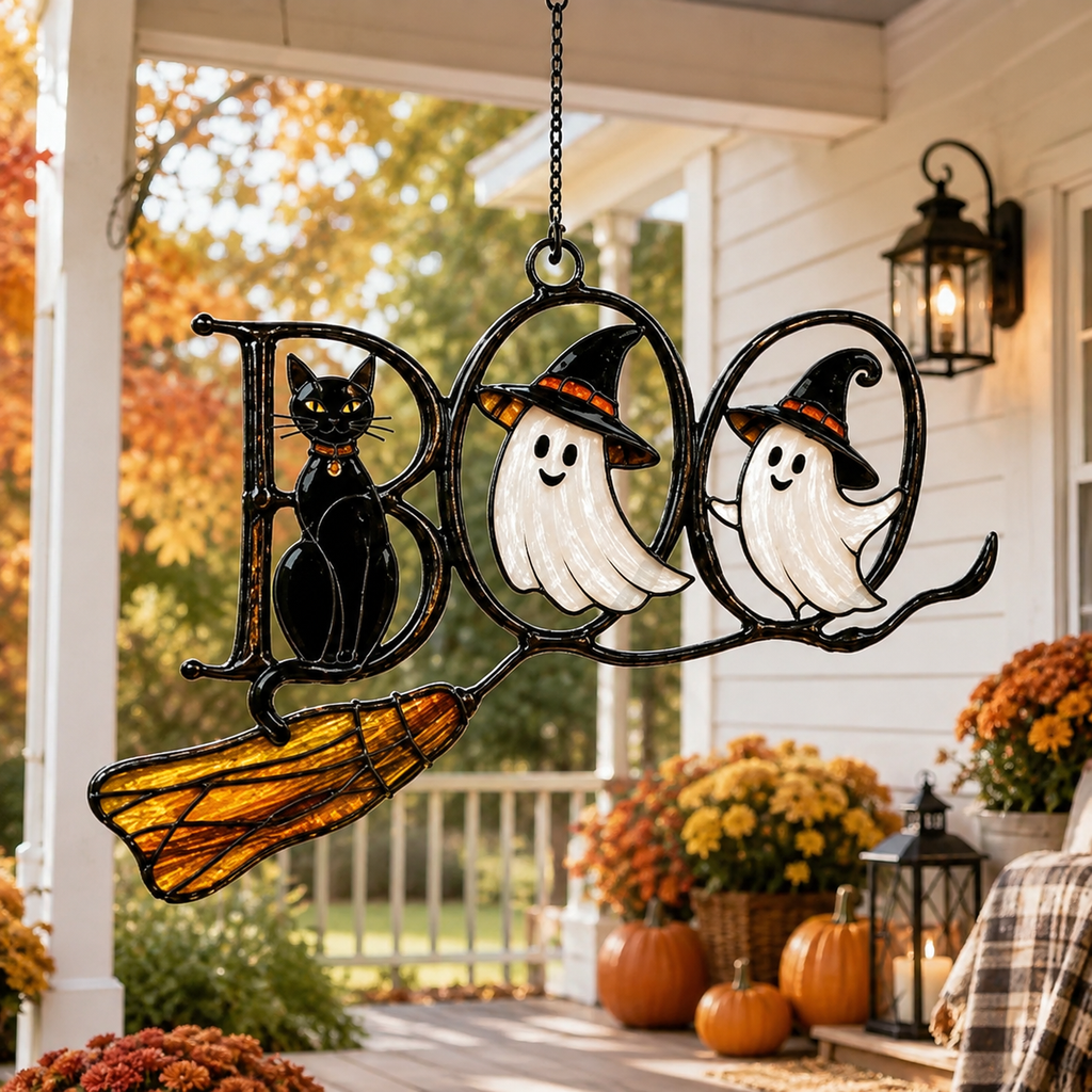 BOO Ghosts on Broomstick with Black Cat Holographic Acrylic Suncatcher