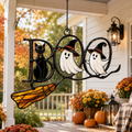 BOO Ghosts on Broomstick with Black Cat Holographic Acrylic Suncatcher