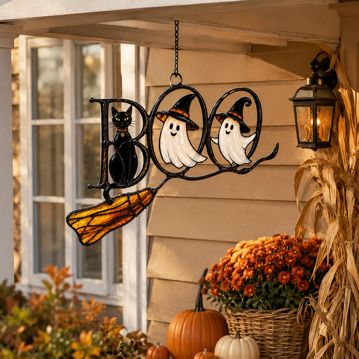 BOO Ghosts on Broomstick with Black Cat Holographic Acrylic Suncatcher