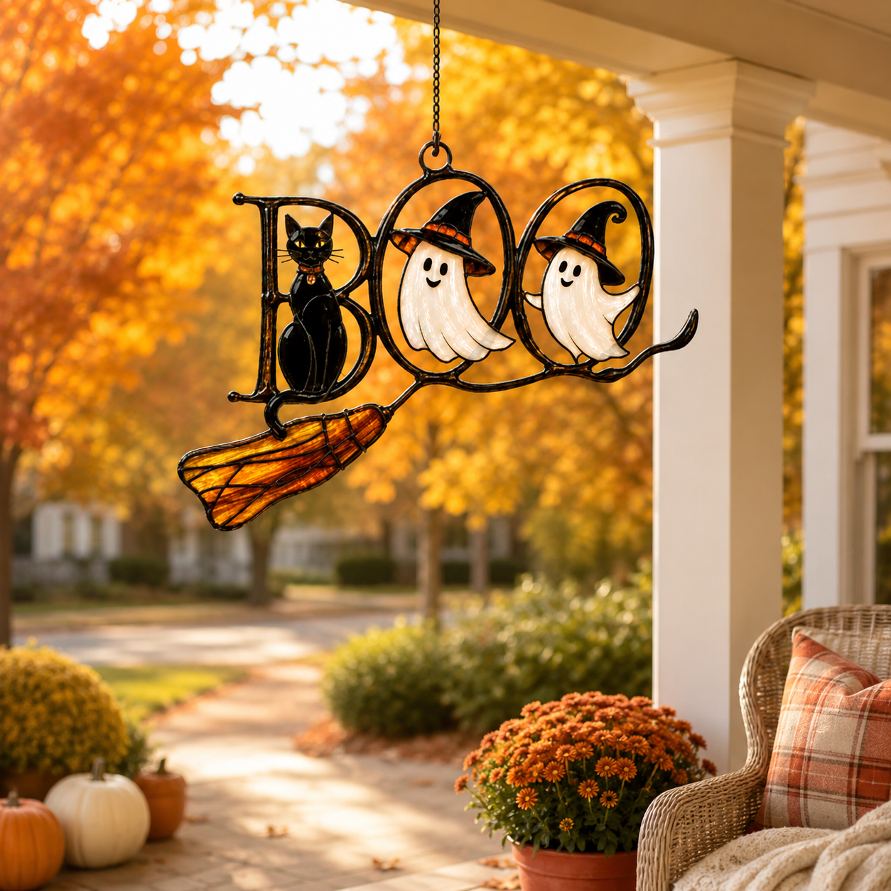 BOO Ghosts on Broomstick with Black Cat Holographic Acrylic Suncatcher
