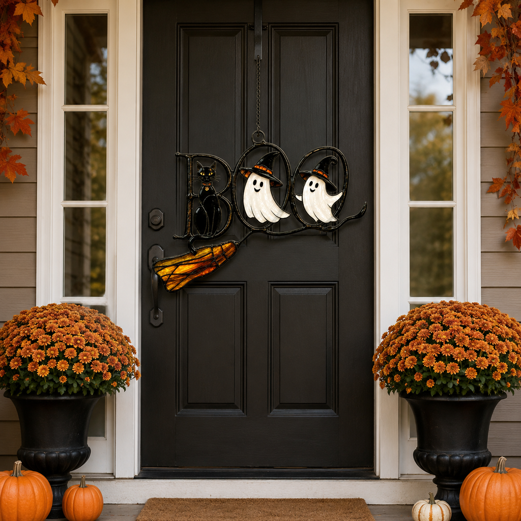 BOO Ghosts on Broomstick with Black Cat Holographic Acrylic Suncatcher