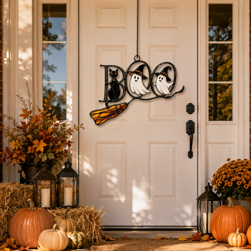 BOO Ghosts on Broomstick with Black Cat Holographic Acrylic Suncatcher