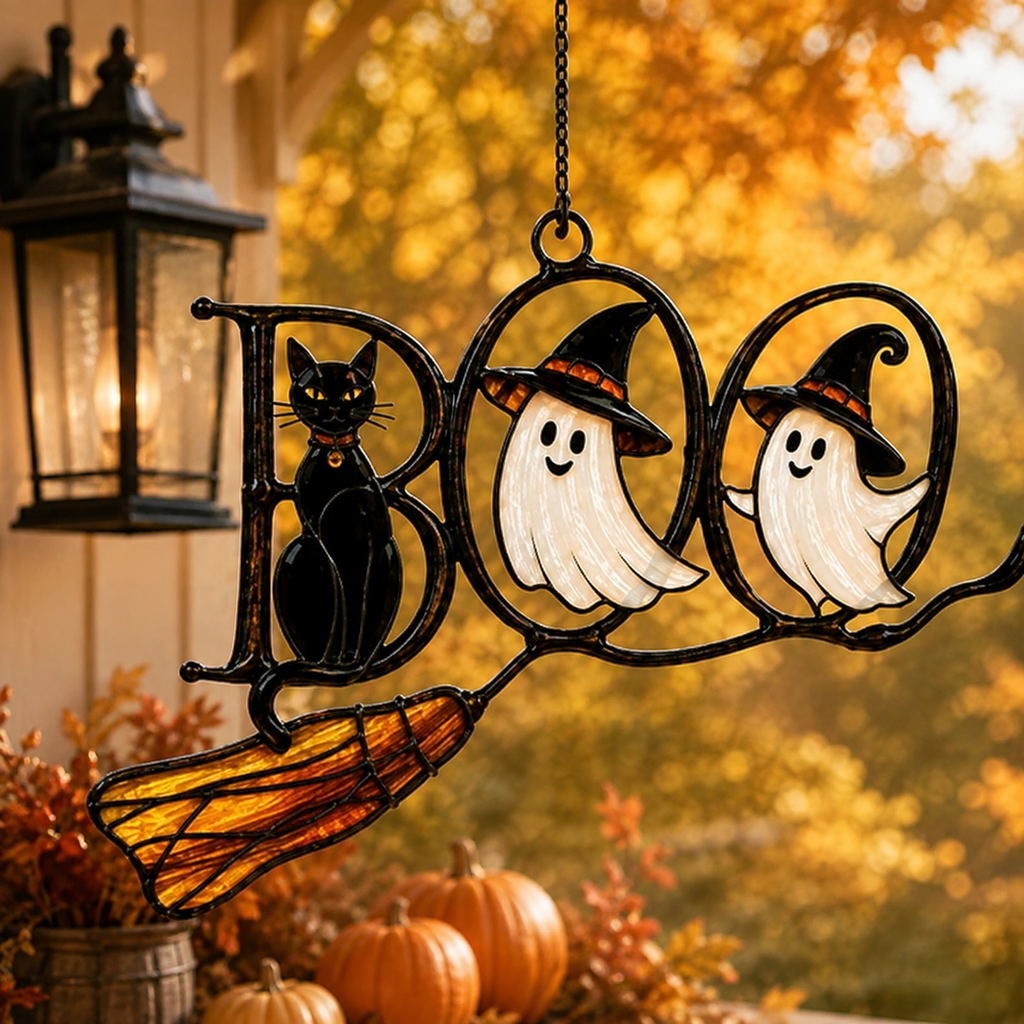 BOO Ghosts on Broomstick with Black Cat Holographic Acrylic Suncatcher