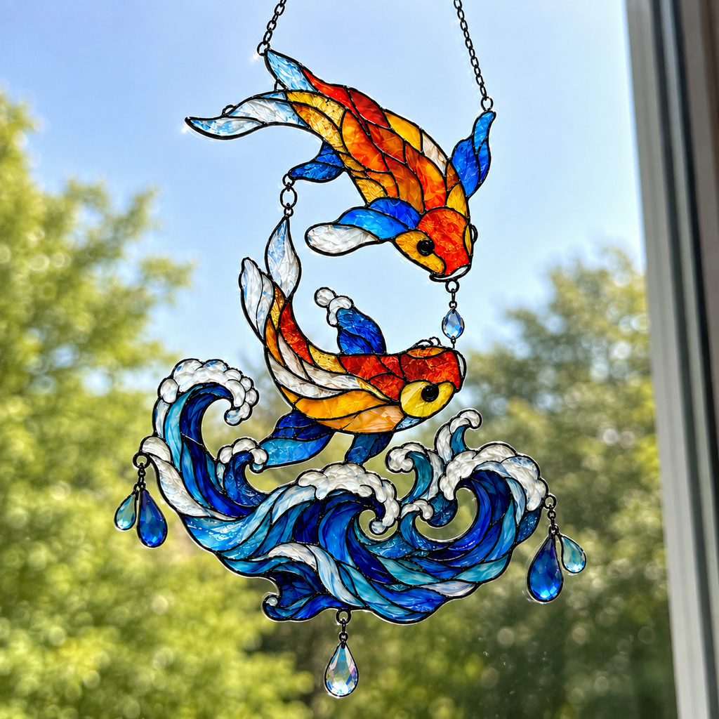 Koi Fish Couple Ocean Wave Holographic Acrylic Suncatcher
