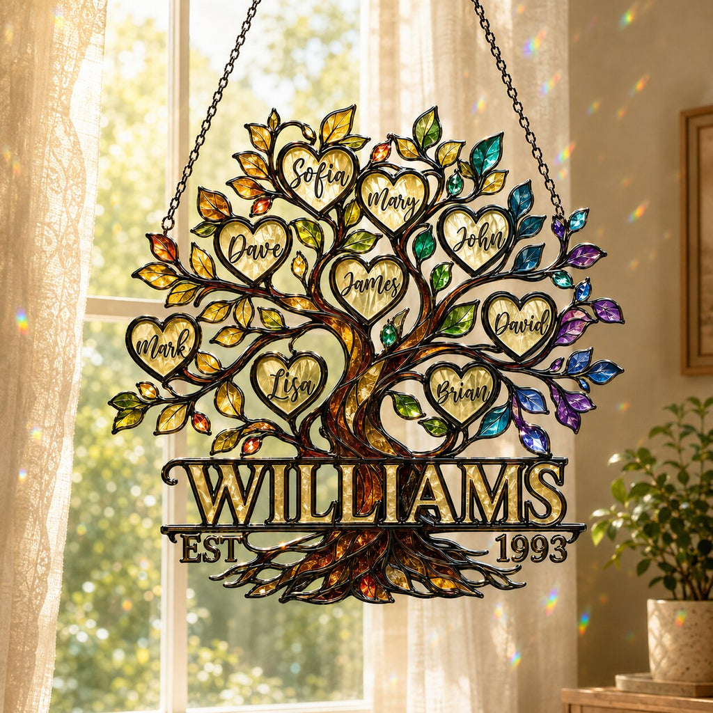 Personalized Family Tree of Life Hearts Holographic Acrylic Suncatcher