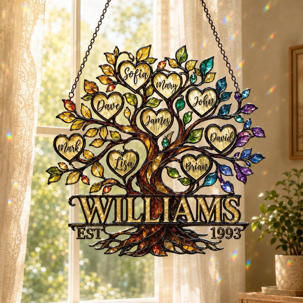 Personalized Family Tree of Life Hearts Holographic Acrylic Suncatcher