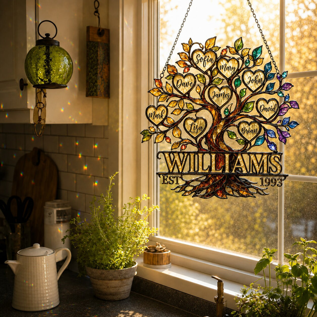Personalized Family Tree of Life Hearts Holographic Acrylic Suncatcher