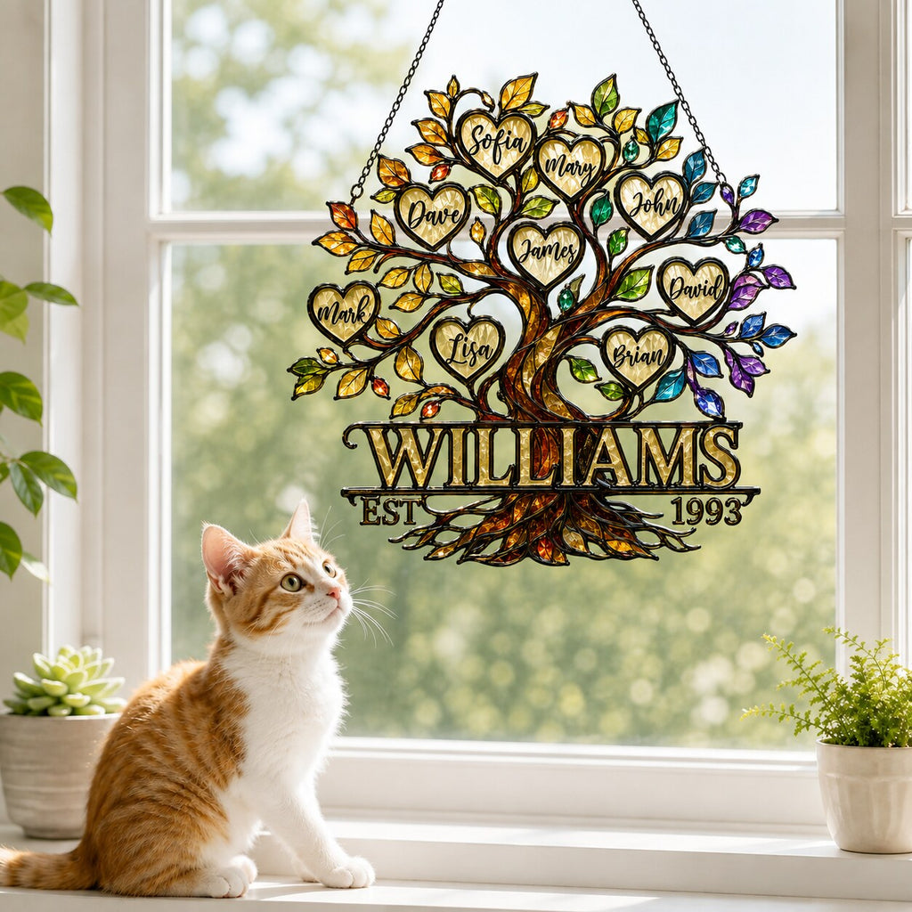 Personalized Family Tree of Life Hearts Holographic Acrylic Suncatcher
