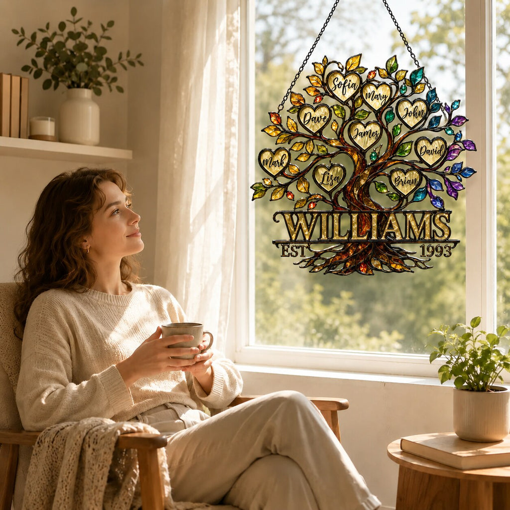 Personalized Family Tree of Life Hearts Holographic Acrylic Suncatcher