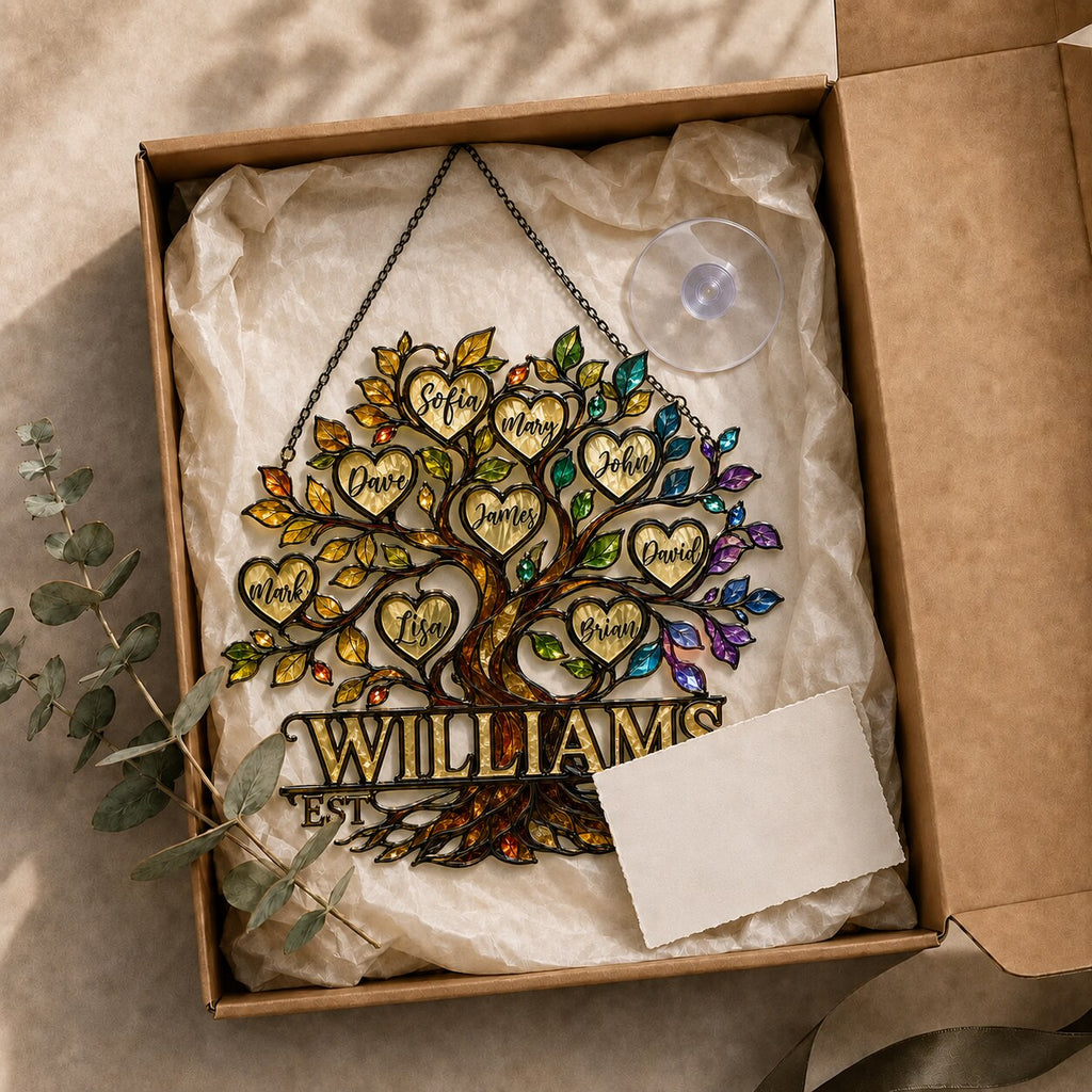 Personalized Family Tree of Life Hearts Holographic Acrylic Suncatcher