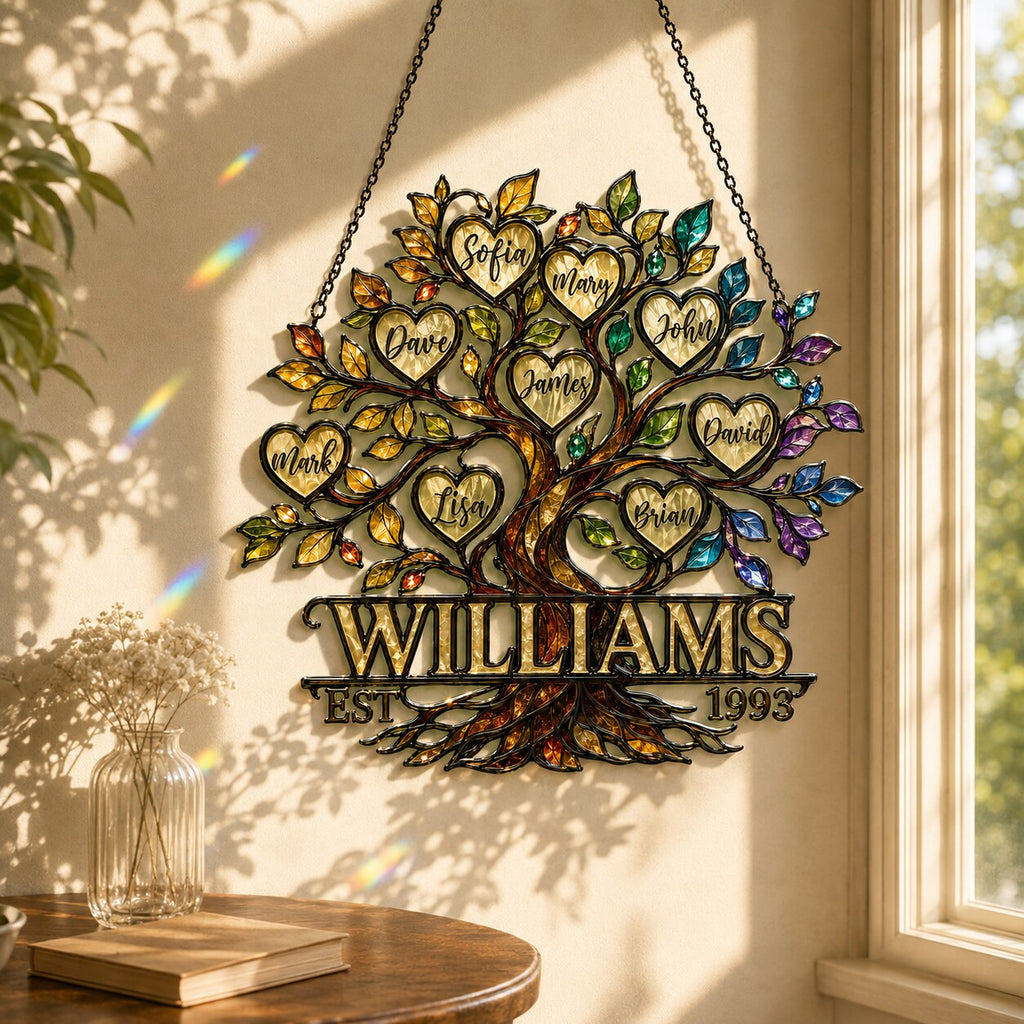 Personalized Family Tree of Life Hearts Holographic Acrylic Suncatcher