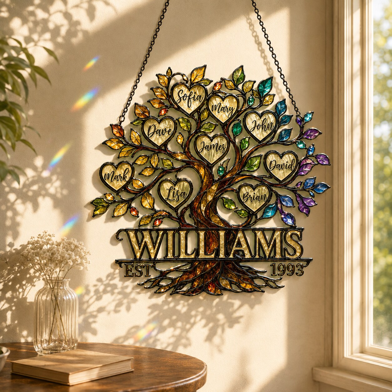Personalized Family Tree of Life Hearts Holographic Acrylic Suncatcher
