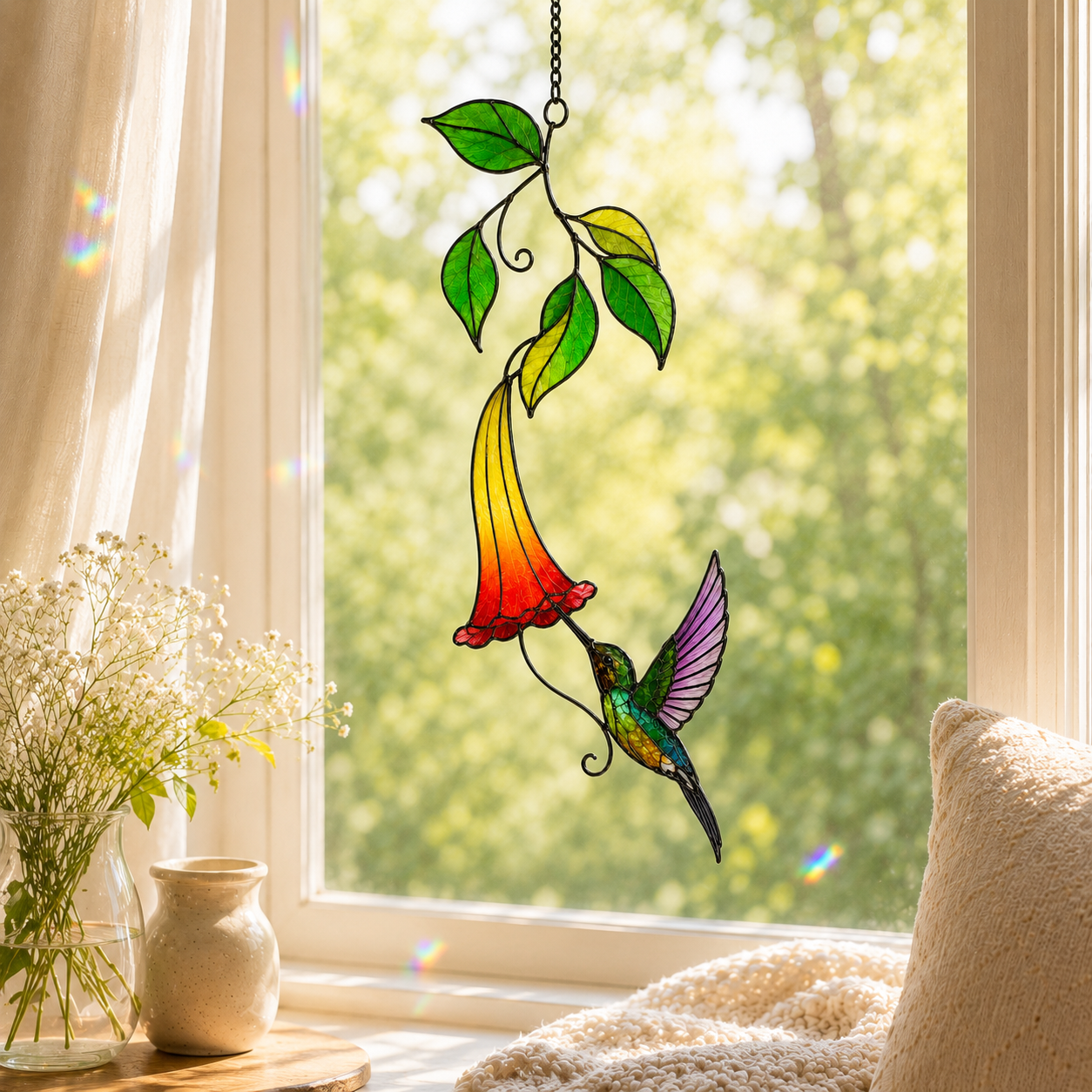 Rainbow Hummingbird & Trumpet Flower Holographic Acrylic Suncatcher