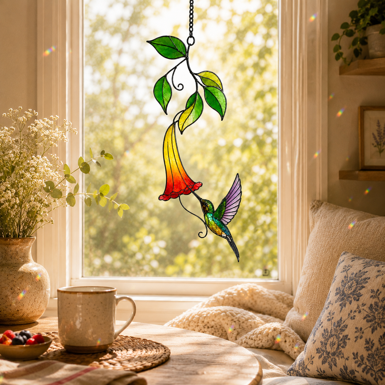 Rainbow Hummingbird & Trumpet Flower Holographic Acrylic Suncatcher