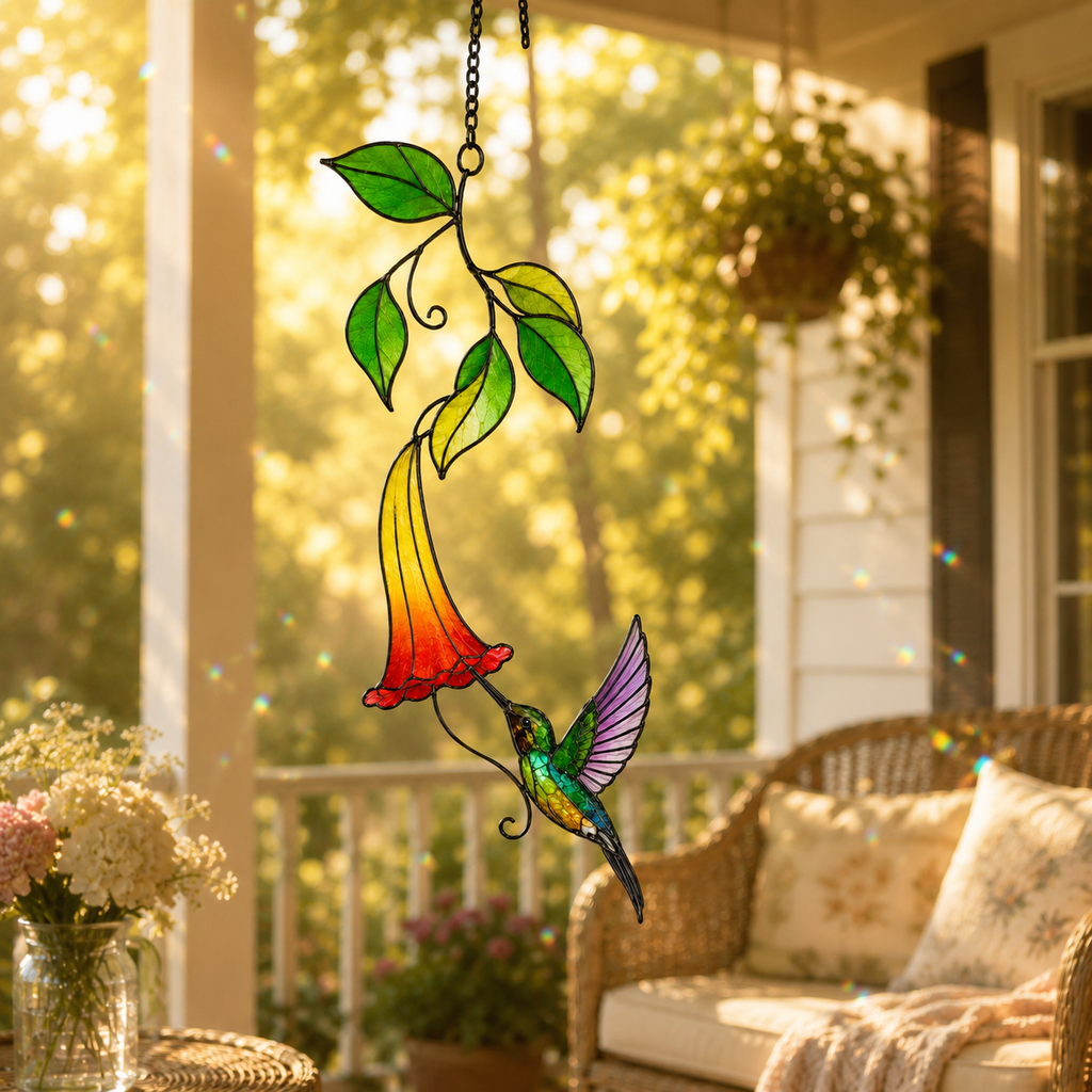 Rainbow Hummingbird & Trumpet Flower Holographic Acrylic Suncatcher