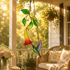 Rainbow Hummingbird & Trumpet Flower Holographic Acrylic Suncatcher