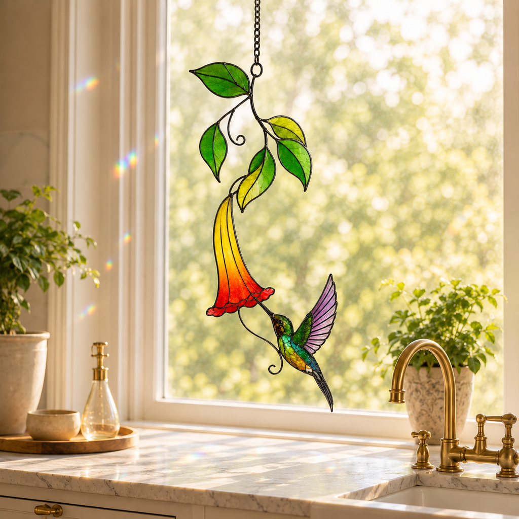 Rainbow Hummingbird & Trumpet Flower Holographic Acrylic Suncatcher