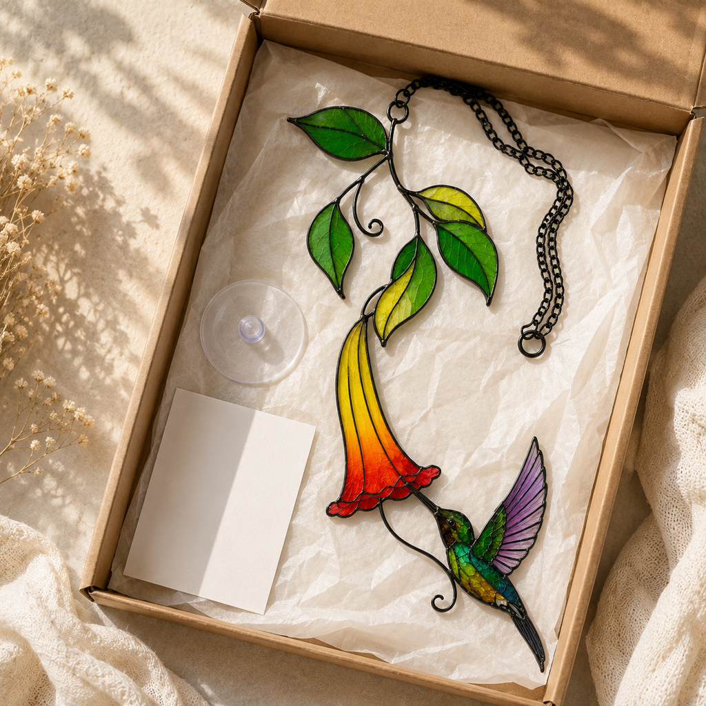 Rainbow Hummingbird & Trumpet Flower Holographic Acrylic Suncatcher