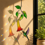 Rainbow Hummingbird & Trumpet Flower Holographic Acrylic Suncatcher