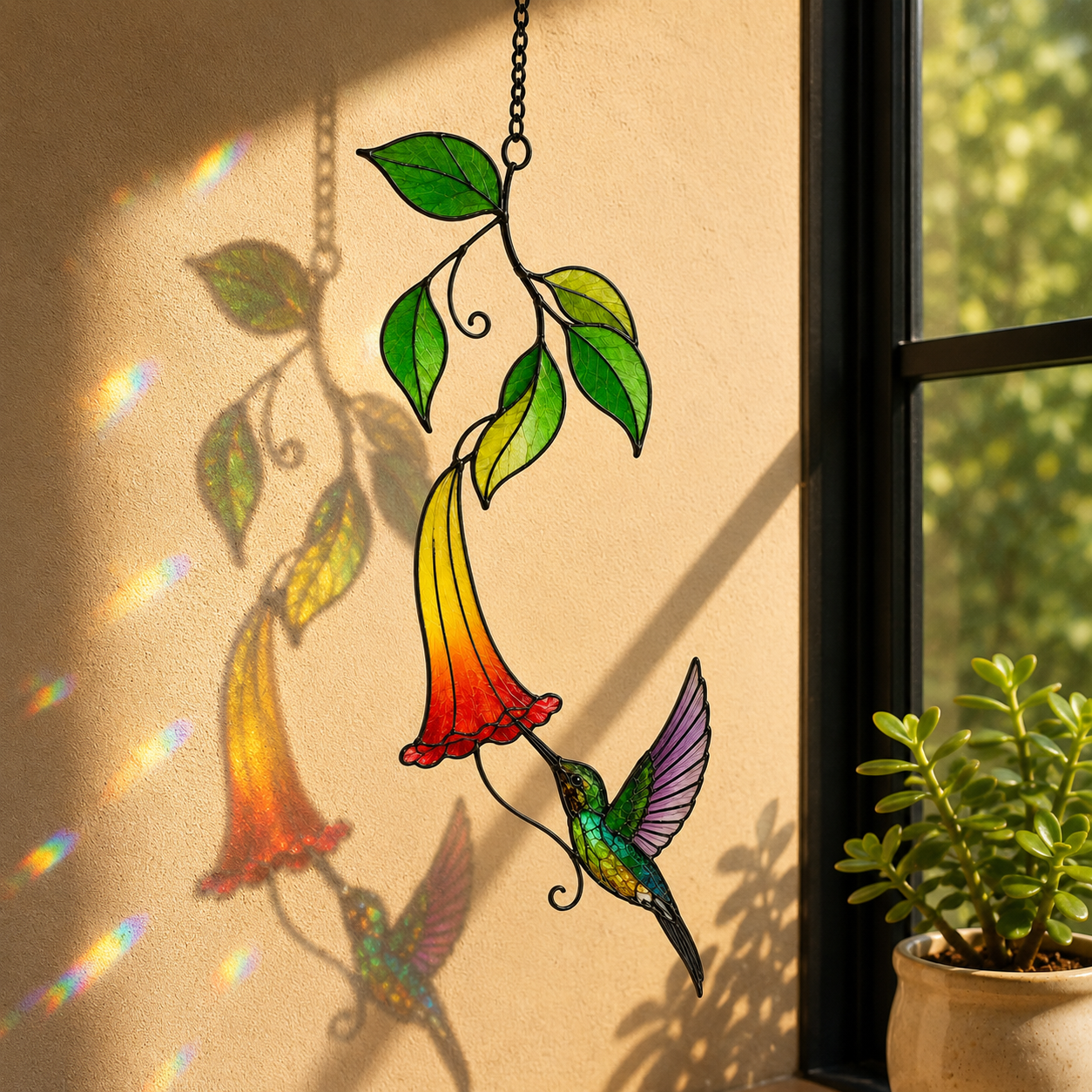 Rainbow Hummingbird & Trumpet Flower Holographic Acrylic Suncatcher