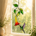 Rainbow Hummingbird & Trumpet Flower Holographic Acrylic Suncatcher