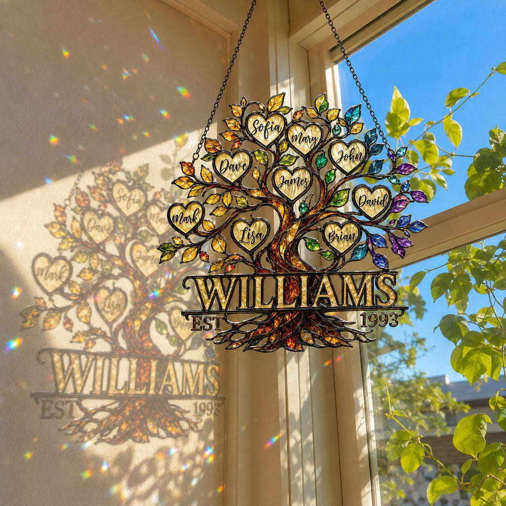 Personalized Family Tree of Life Hearts Holographic Acrylic Suncatcher