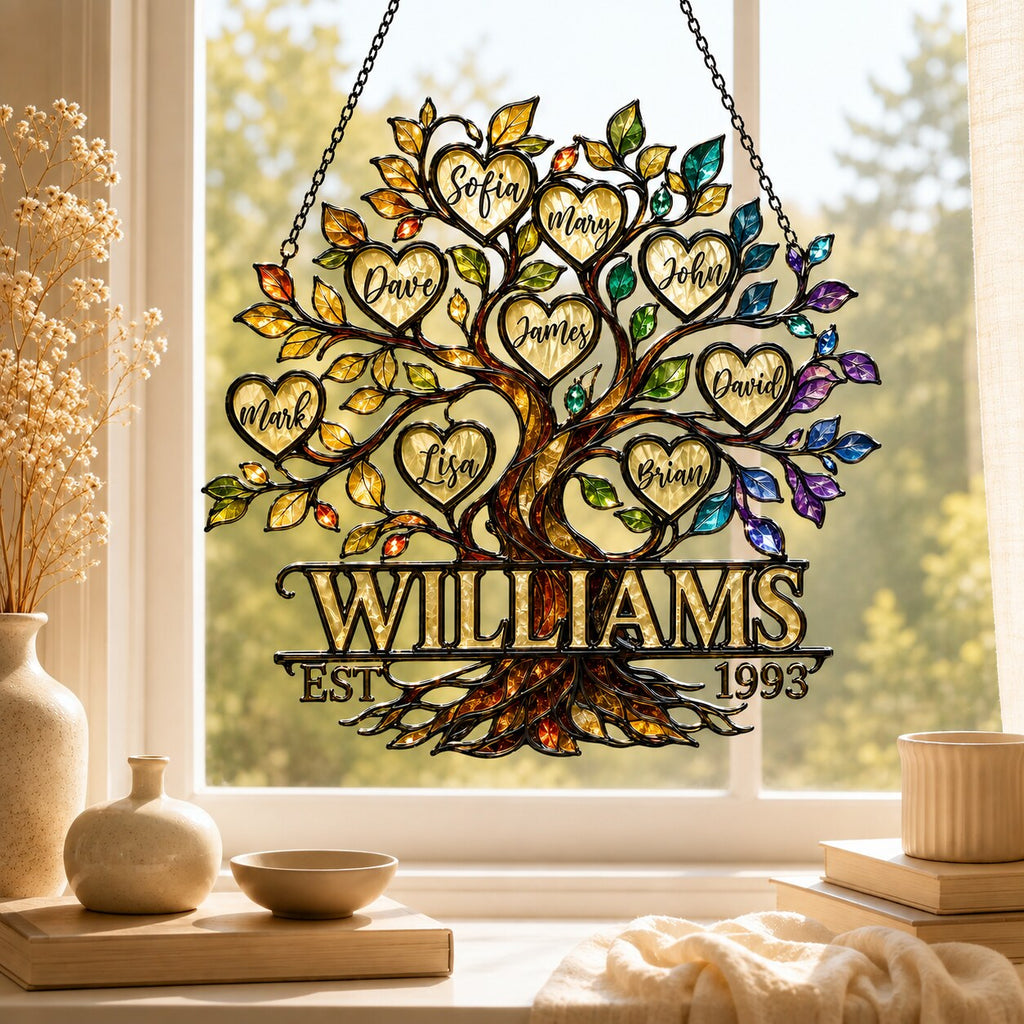 Personalized Family Tree of Life Hearts Holographic Acrylic Suncatcher
