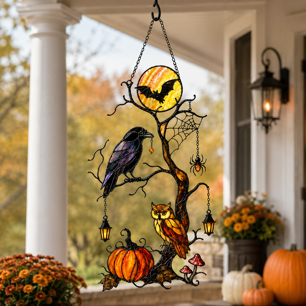 Raven & Owl on Moonlit Tree with Pumpkin Holographic Acrylic Suncatcher