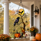Raven & Owl on Moonlit Tree with Pumpkin Holographic Acrylic Suncatcher