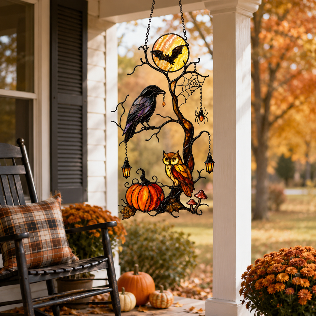 Raven & Owl on Moonlit Tree with Pumpkin Holographic Acrylic Suncatcher