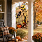 Raven & Owl on Moonlit Tree with Pumpkin Holographic Acrylic Suncatcher