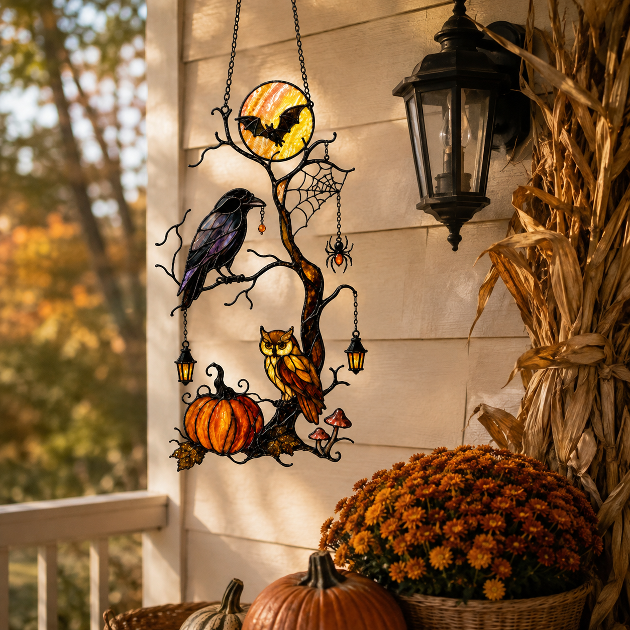 Raven & Owl on Moonlit Tree with Pumpkin Holographic Acrylic Suncatcher