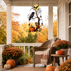 Raven & Owl on Moonlit Tree with Pumpkin Holographic Acrylic Suncatcher