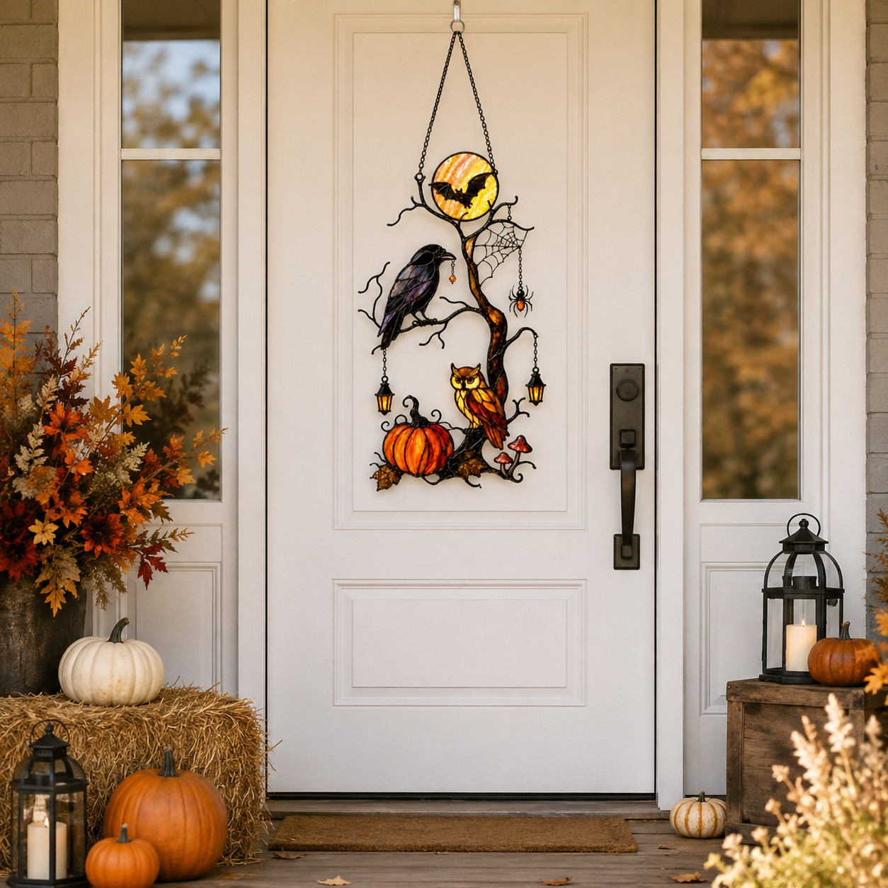 Raven & Owl on Moonlit Tree with Pumpkin Holographic Acrylic Suncatcher