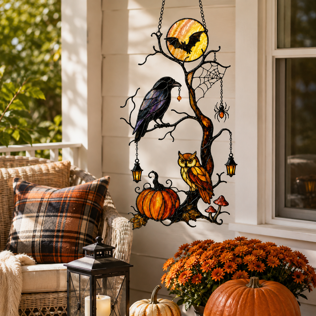 Raven & Owl on Moonlit Tree with Pumpkin Holographic Acrylic Suncatcher