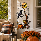 Raven & Owl on Moonlit Tree with Pumpkin Holographic Acrylic Suncatcher
