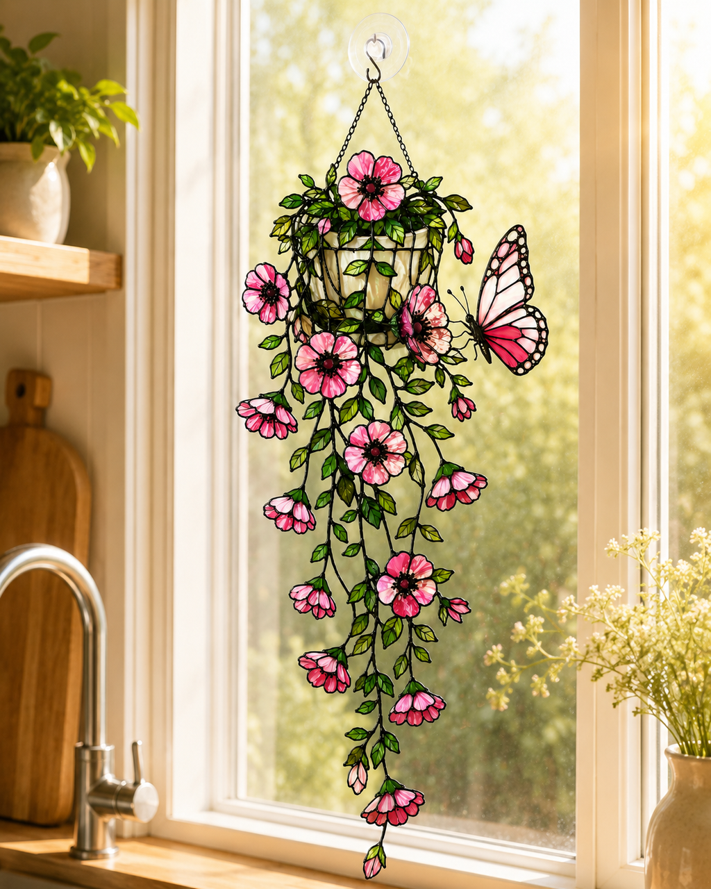 Pink Flower Basket & Butterfly Holographic Acrylic Suncatcher