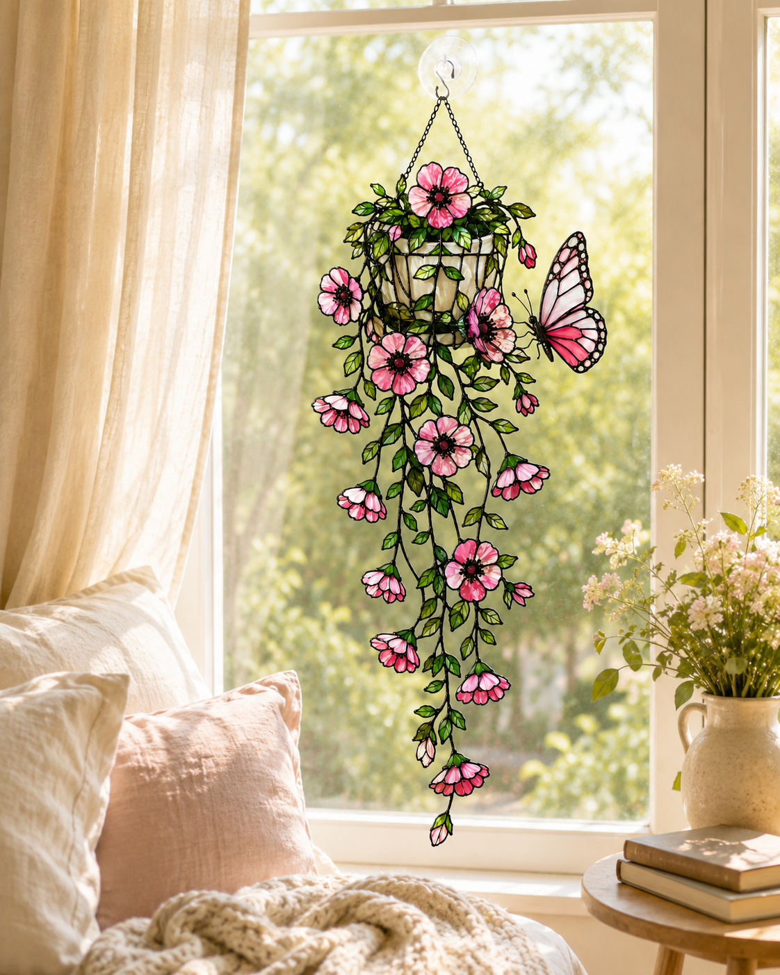 Pink Flower Basket & Butterfly Holographic Acrylic Suncatcher