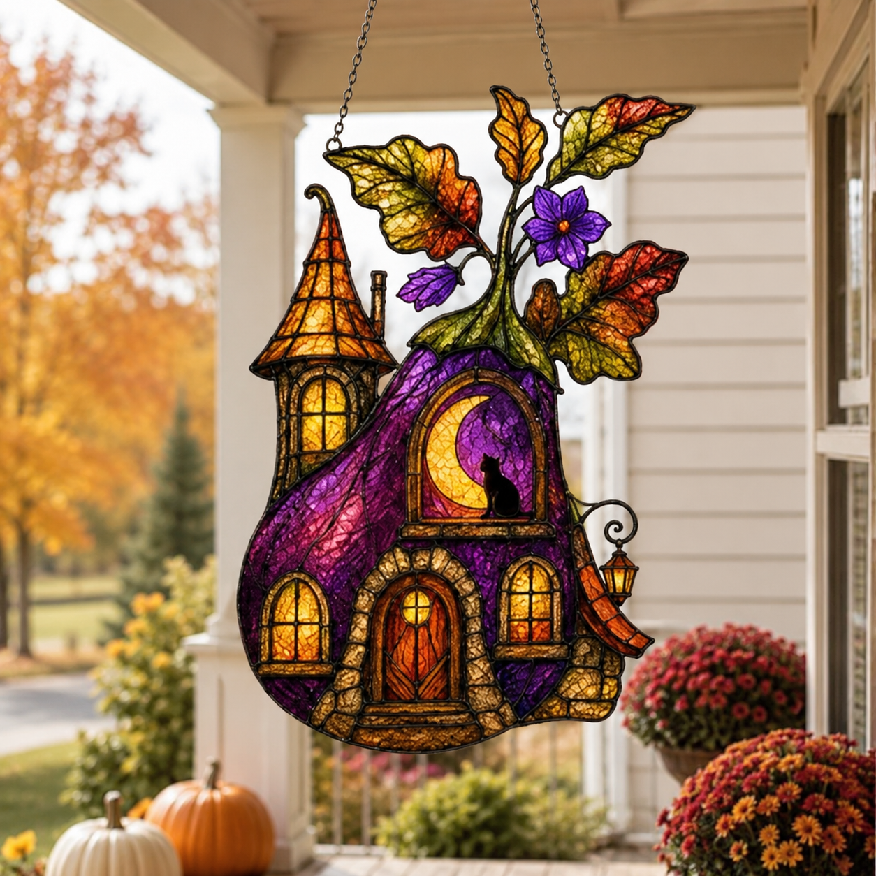 Purple Witch Cottage with Crescent Moon Holographic Acrylic Suncatcher