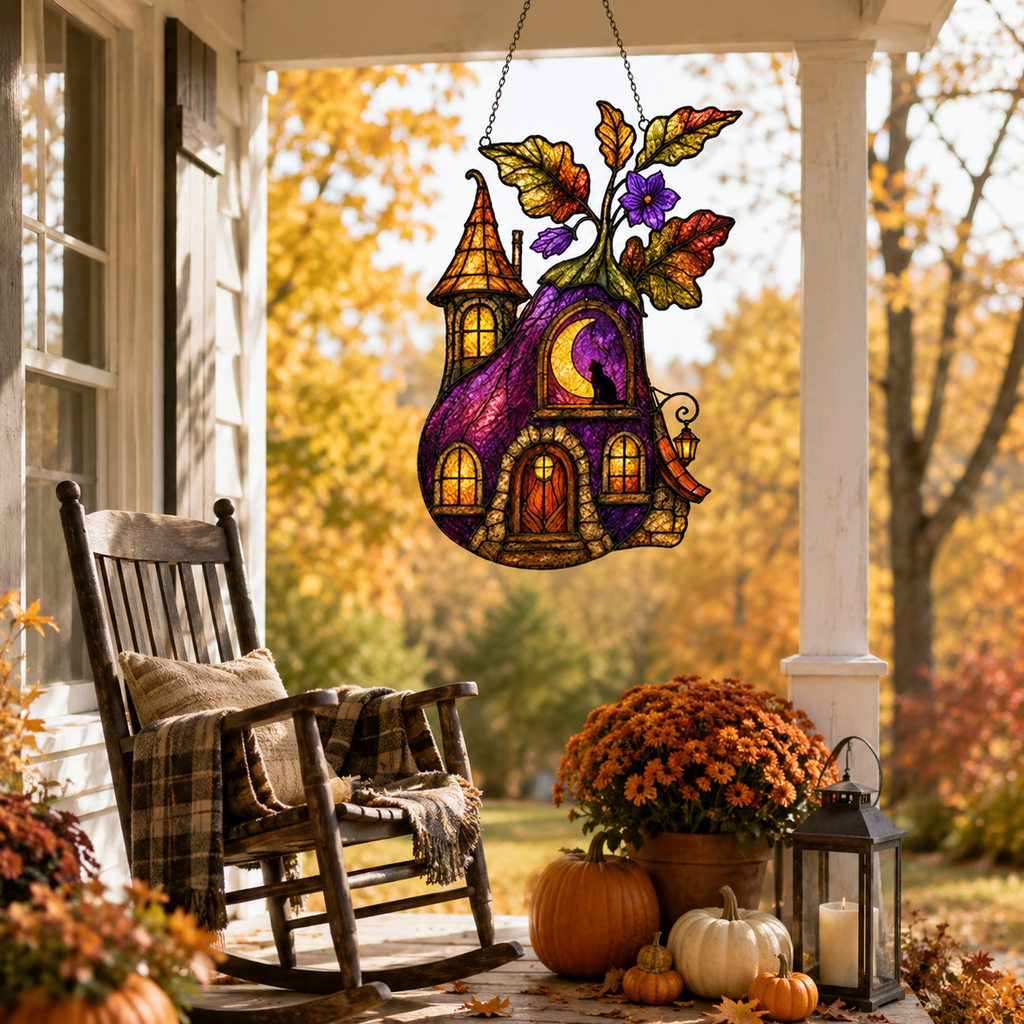 Purple Witch Cottage with Crescent Moon Holographic Acrylic Suncatcher