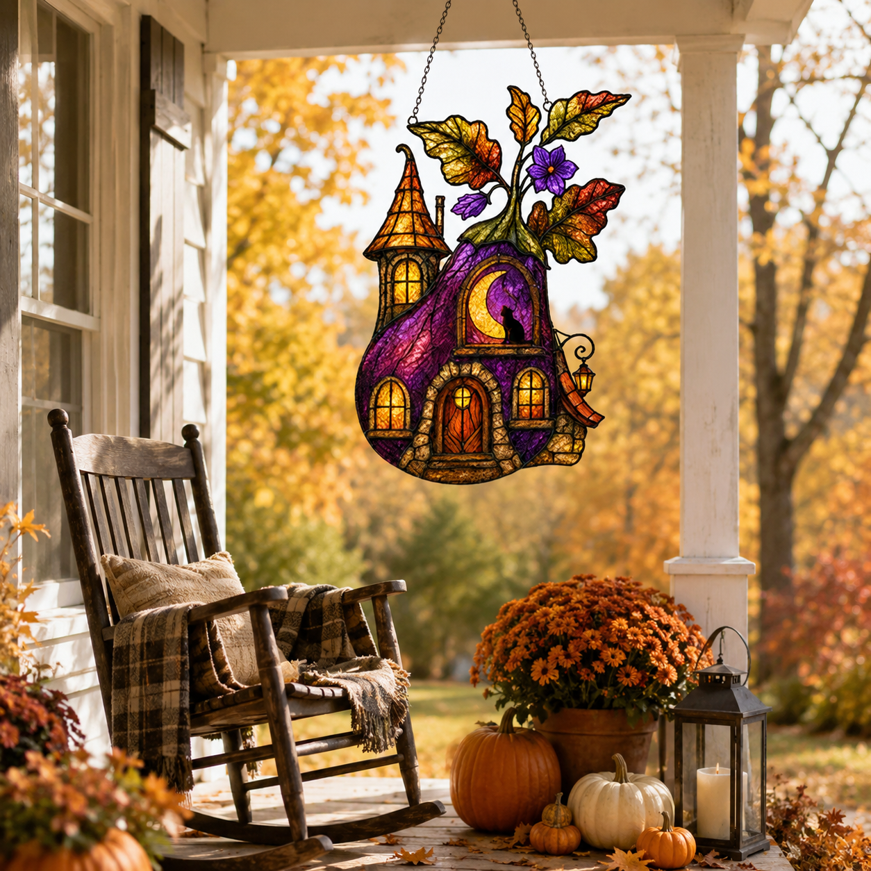 Purple Witch Cottage with Crescent Moon Holographic Acrylic Suncatcher